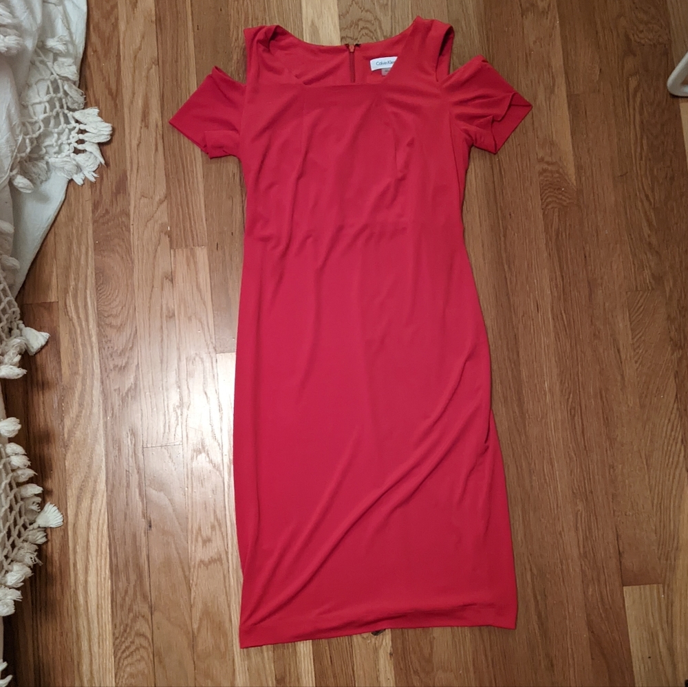 Calvin Klein red dress, square neck, cold shoulder, size 2